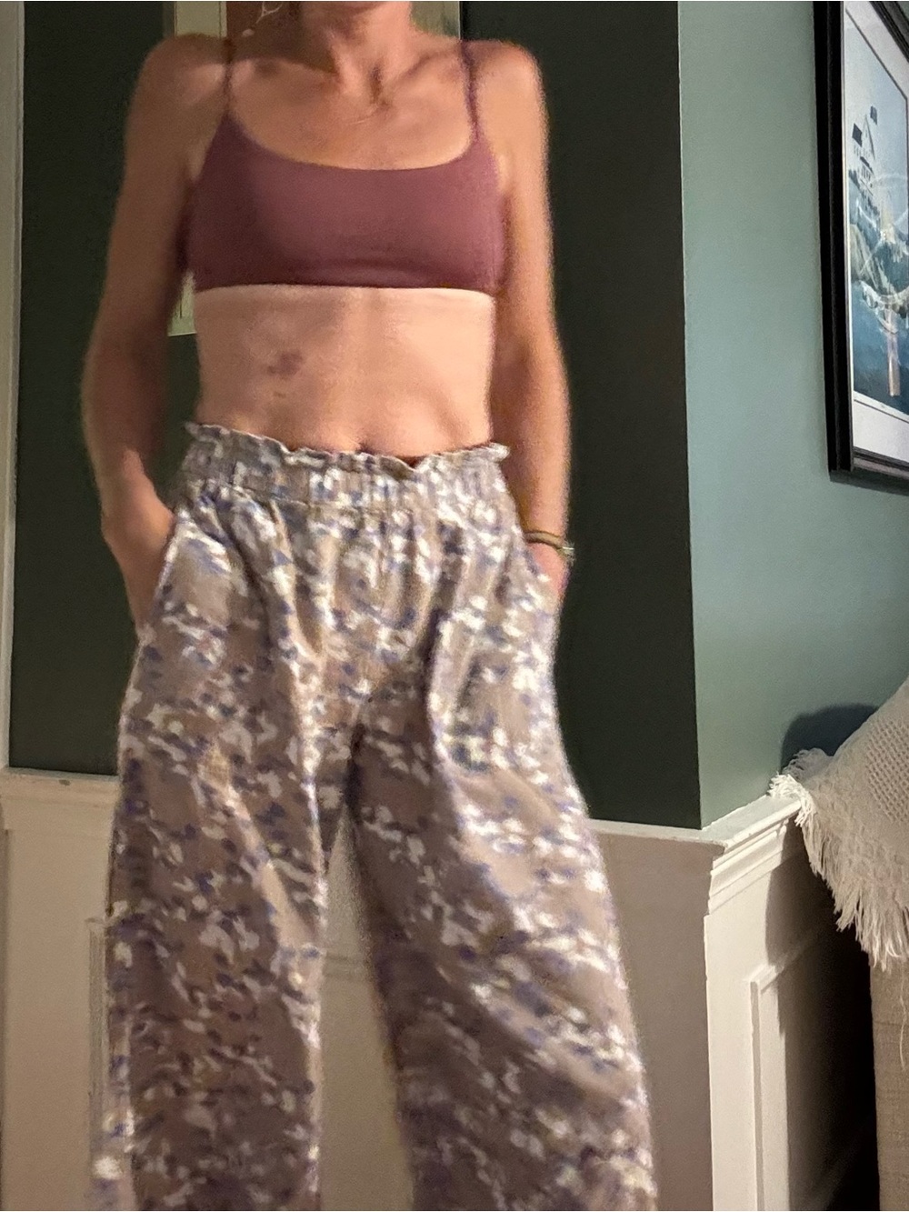 Mirth Organic inspired camo style capris with Paperbag Waist Capris in Taupe